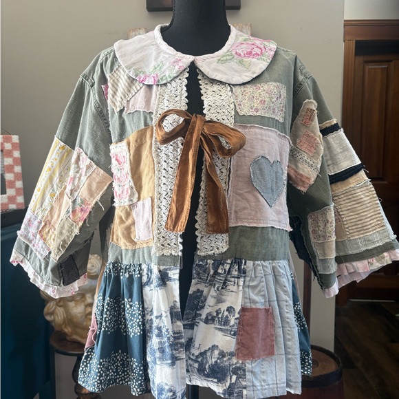 not known Jackets & Blazers - Handmade Artisan Vintage Materials Jacket Silk Bow Closure Peter Pan Collar XL